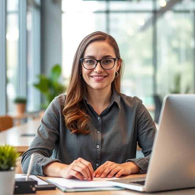 accountant services expert sitting at her desk with papers and laptop