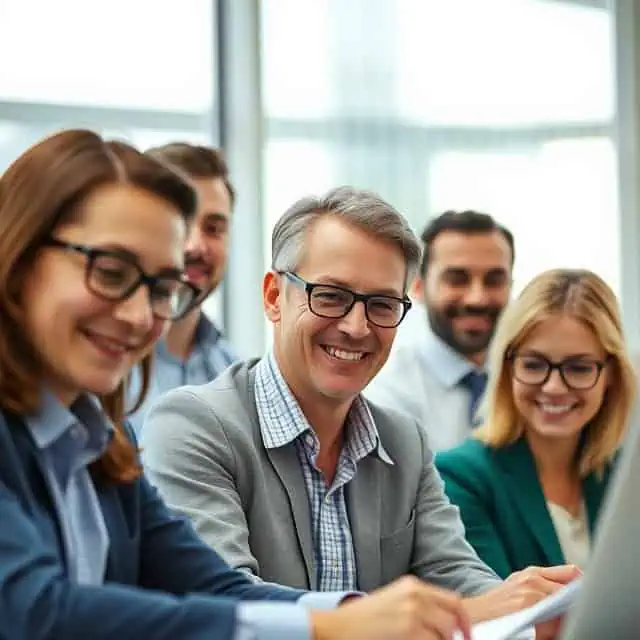 team of interim financial controllers smiling while looking at papers