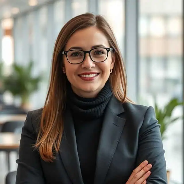 interim financial controller with glasses smiling