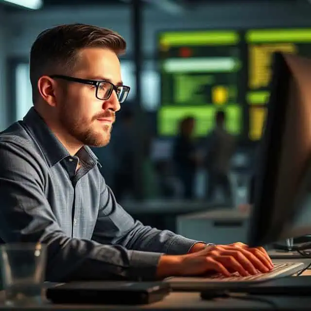 interim IT manager focusing on his work on computer
