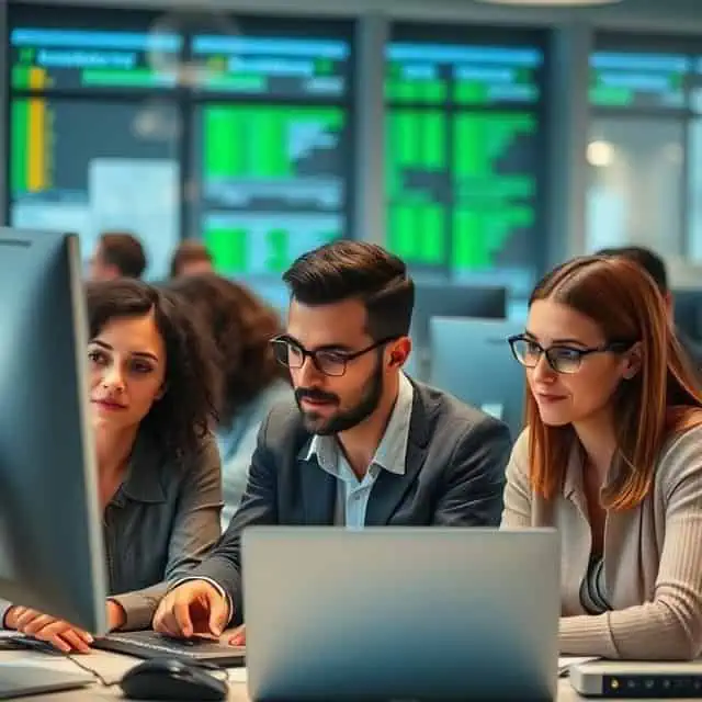 interim IT managers looking at computer screen in office