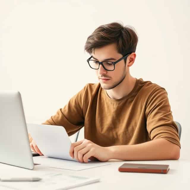 intralogistics solutions expert in modern office looking at file