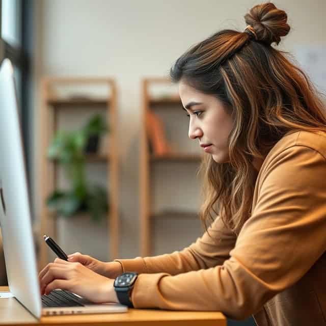 PQE consulting expert focused on her laptop