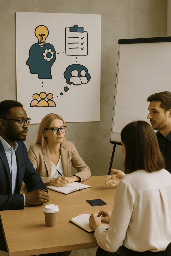 Four diverse professionals sit around a conference table in an office, engaged in discussion