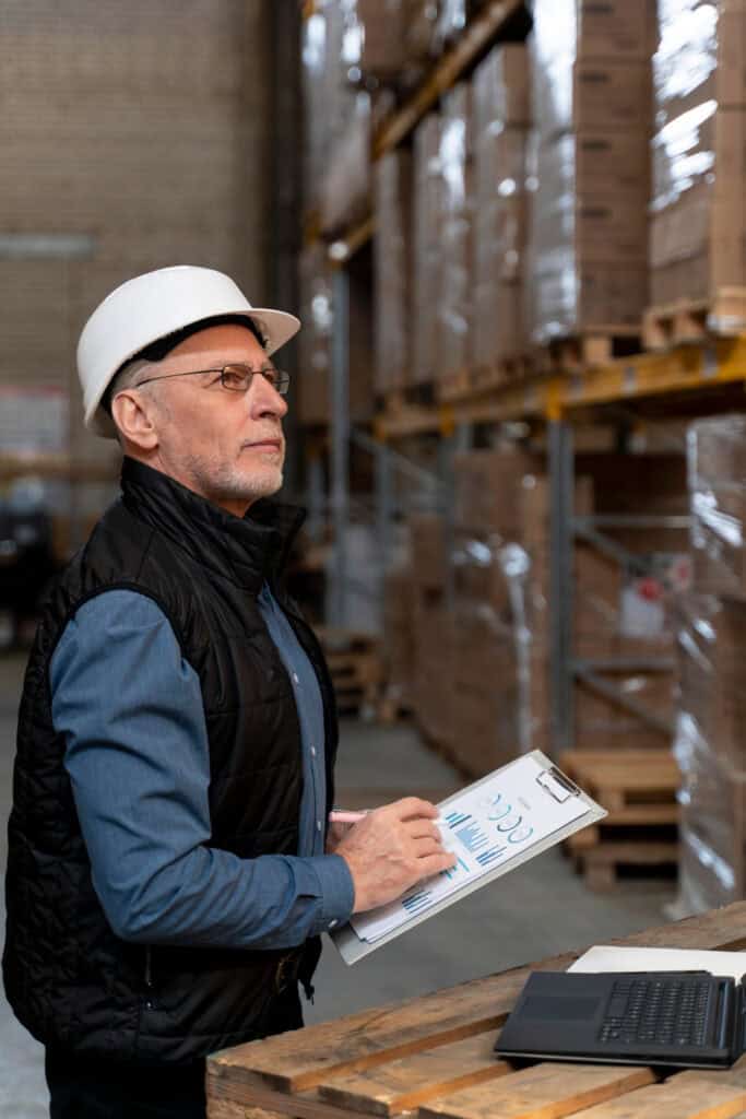 Worker standing in a warehouse with clipchart in hands, checking control