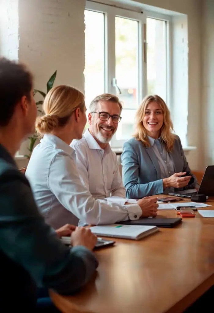 Team having a meeting at office, where coworkers are smiling at each other