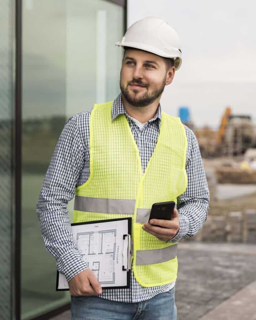 Construction interim management expert wearing reflective west and white hard hat with phine and plans in hands is looking into distance on contruction site