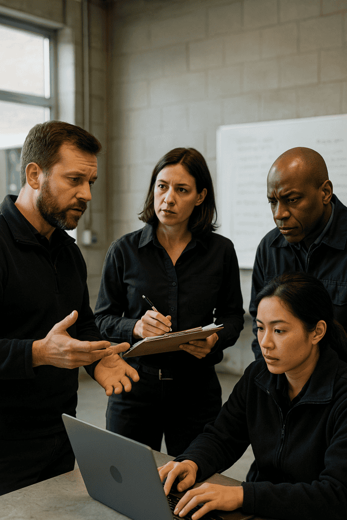 Group of four diverse procurement managers gathered to discuss reports