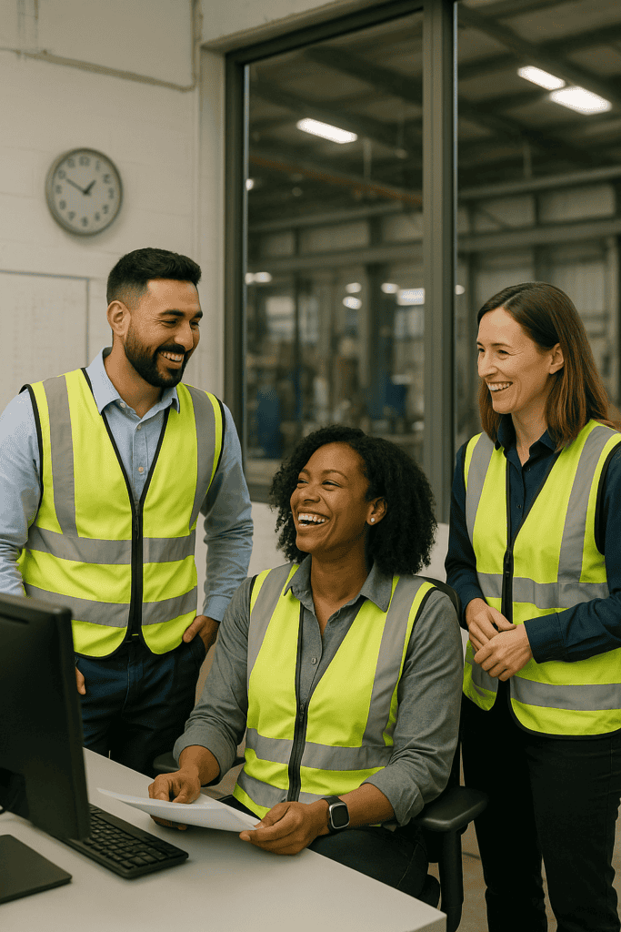 Three operations managers - two womean and one man - laughing together by the desk of one of the women, all wearing yellow reflective vests