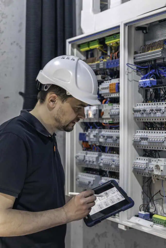 Man, an electrical technician working in a switchboard with fuses. Installation and connection of electrical equipment.