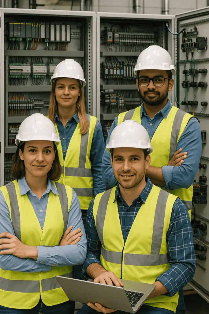 Team of PLC engineers wearing reflective vests and white hard helmets posing
