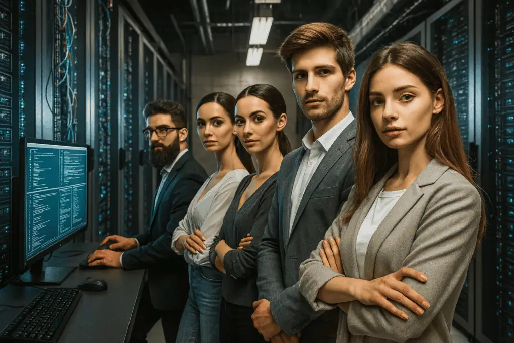 team of test engineers standing in front of computers inside data center