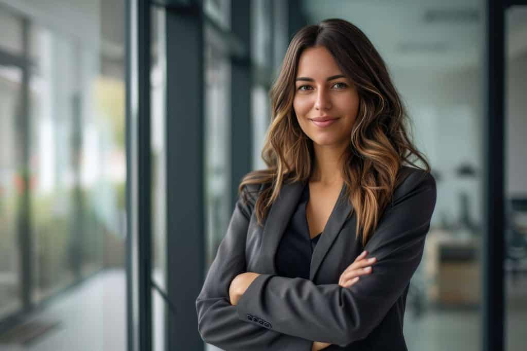 Smiling business woman dressed in gray suit is standing in hallway