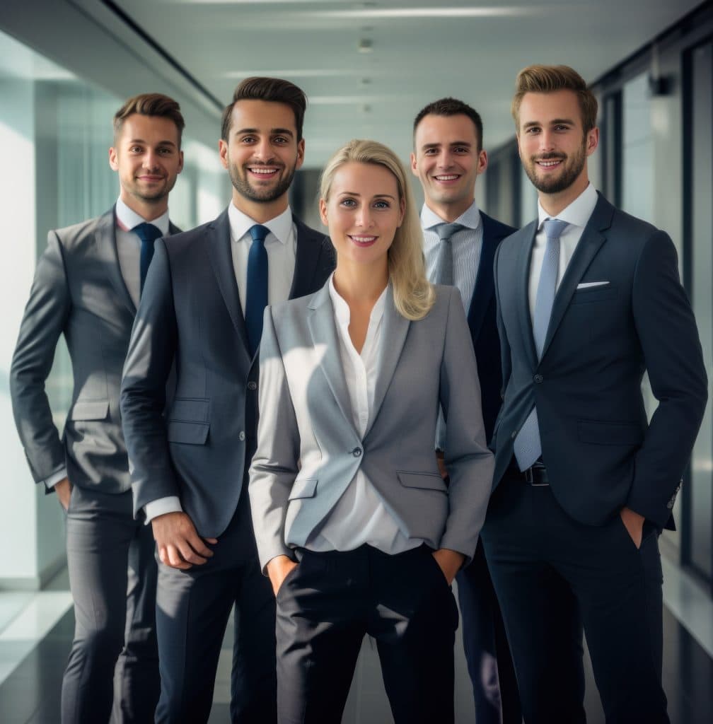Team of cost reduction services experts dressed in suits stand in office hallway