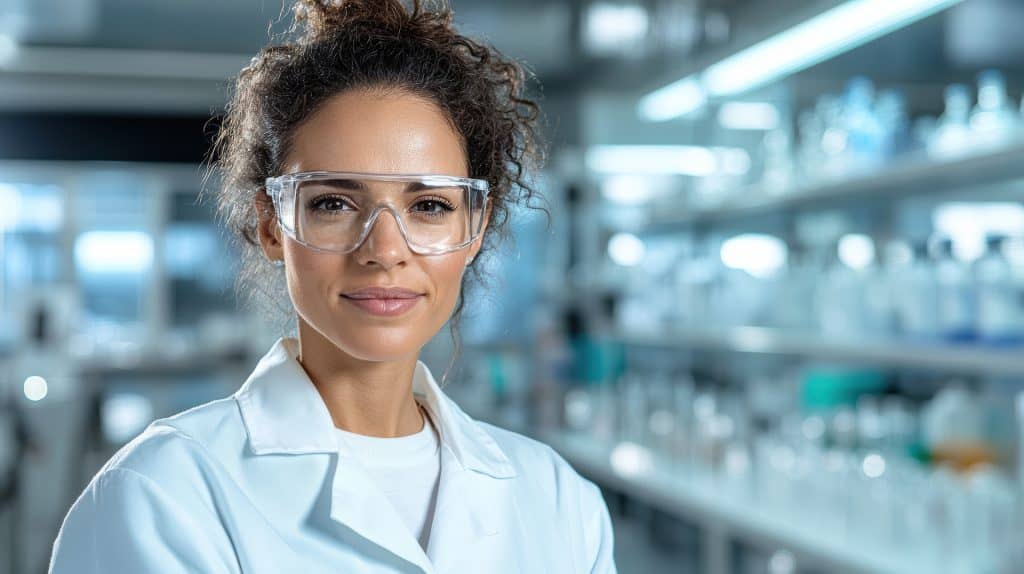 Scientist in laboratory wearing glasses, smiling confidently while conducting research
