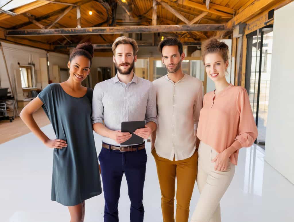 A group of professionals poses together in a bright, modern workspace