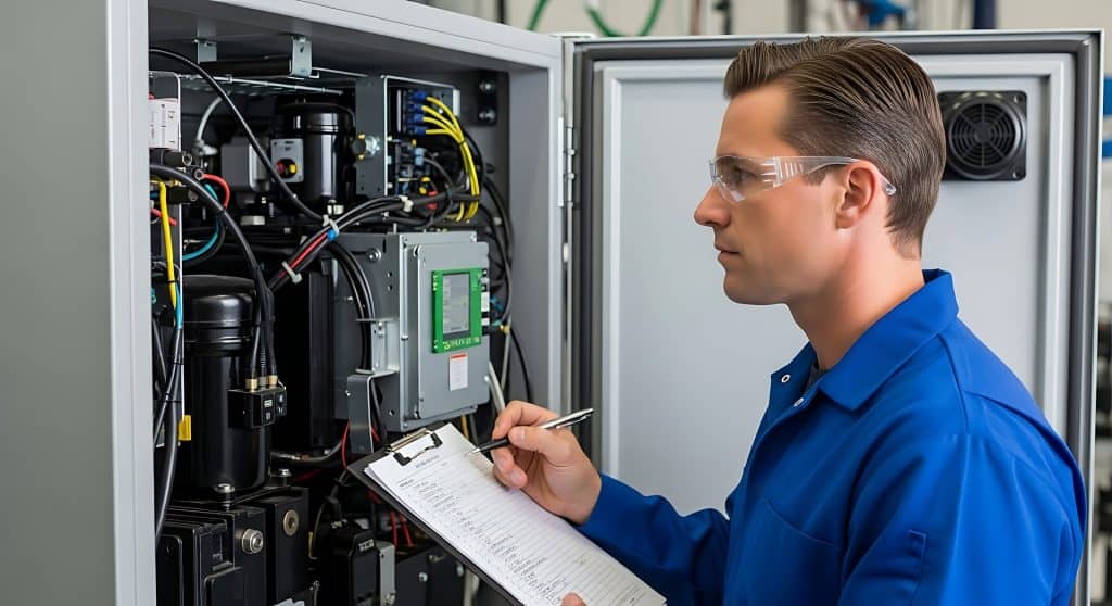 Technician in blue uniform and safety glasses inspecting and taking notes on an open electrical panel in an industrial environment