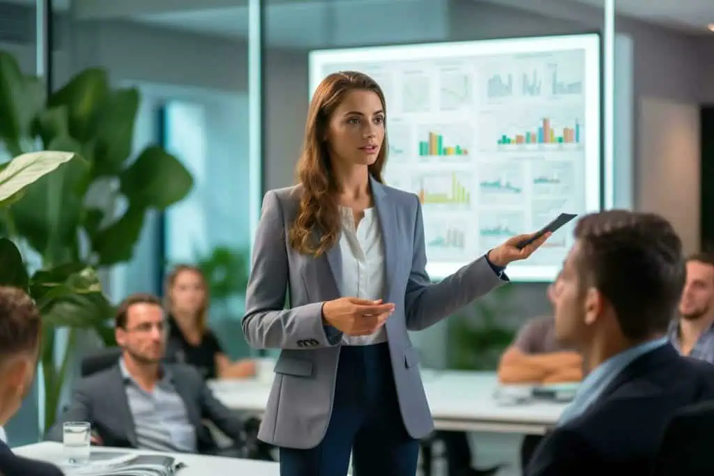Group of marketing experts having meeting, woman giving presentation, her coworkers sitting in the backround