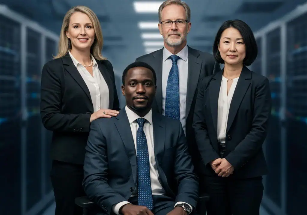Group of four managers, two men and two women, dressed in full suits are standing in darkened office