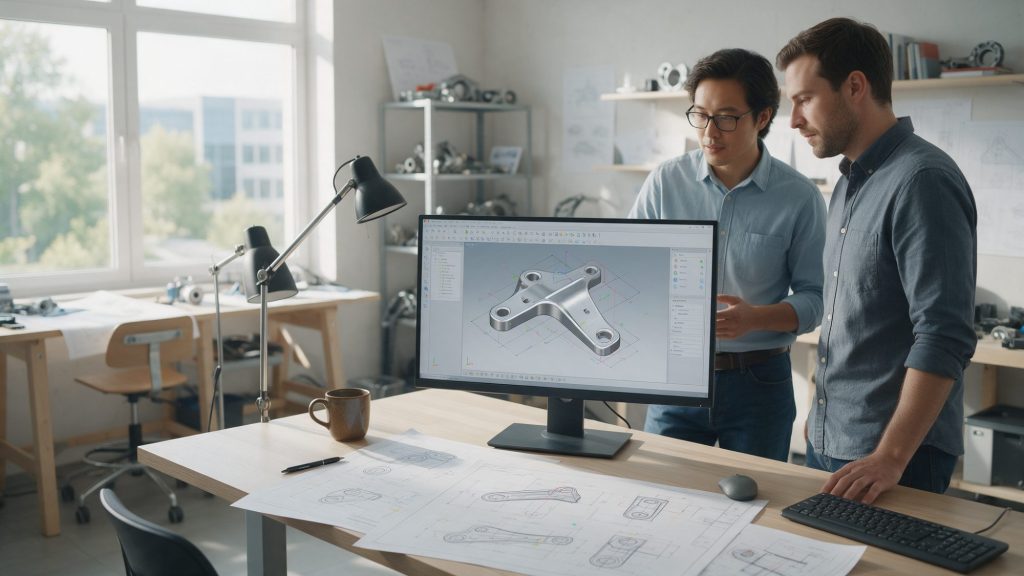 Két fejlesztőmérnök egy fém tartókonzol 3D CAD-modelljét tekinti át egy tervezési FMEA során