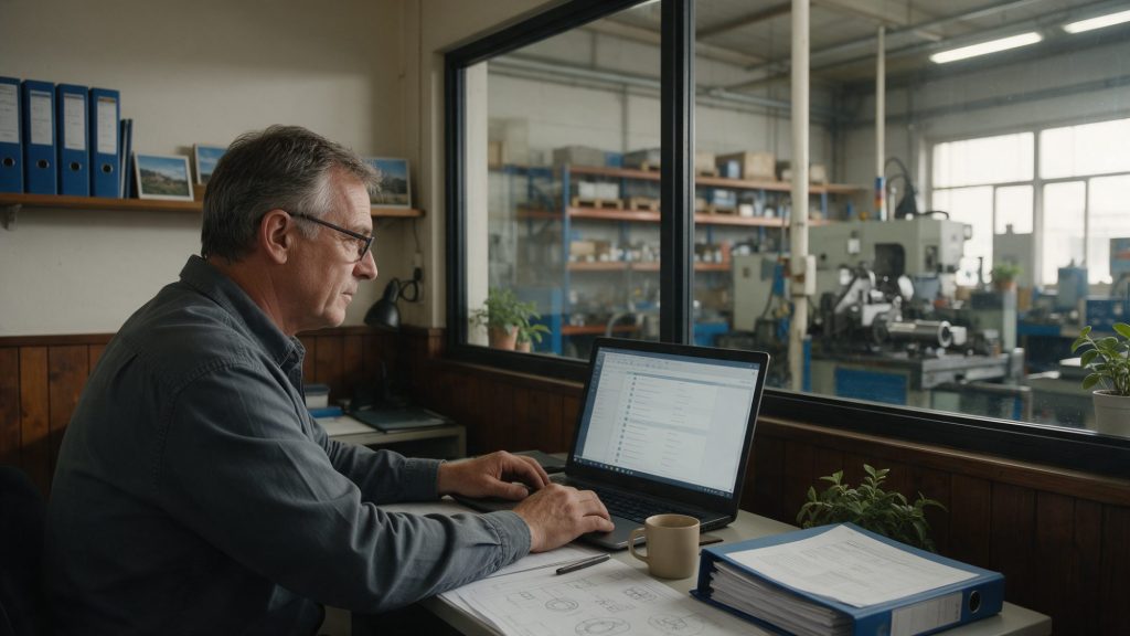 Tapasztalt mérnök nyitott interim projekteket néz át laptopon egy irodában a gyártócsarnok mellett