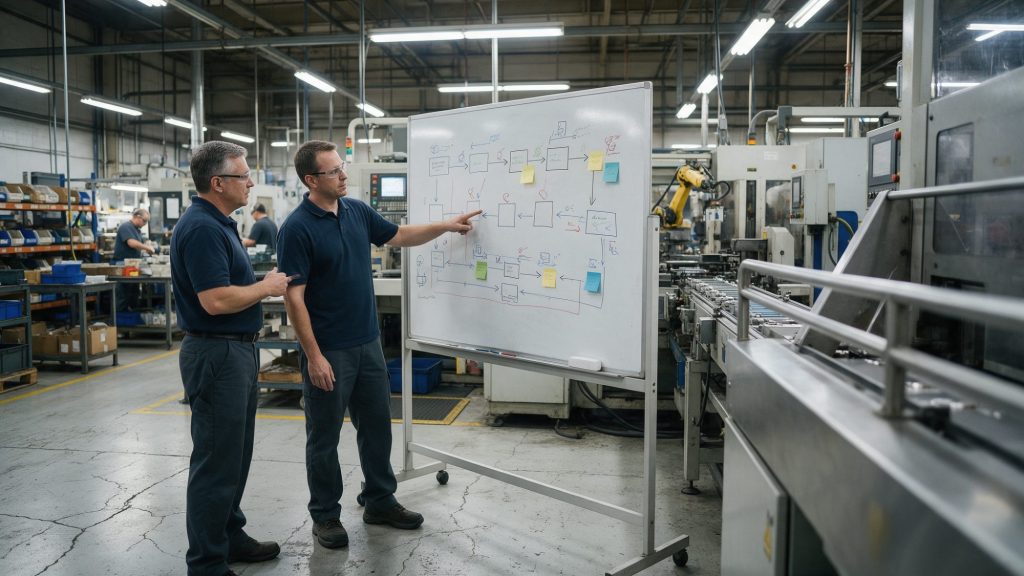 Üzemvezető és lean mérnök egy kézzel rajzolt értékáram-térképet tekint át a gyártósor melletti táblán