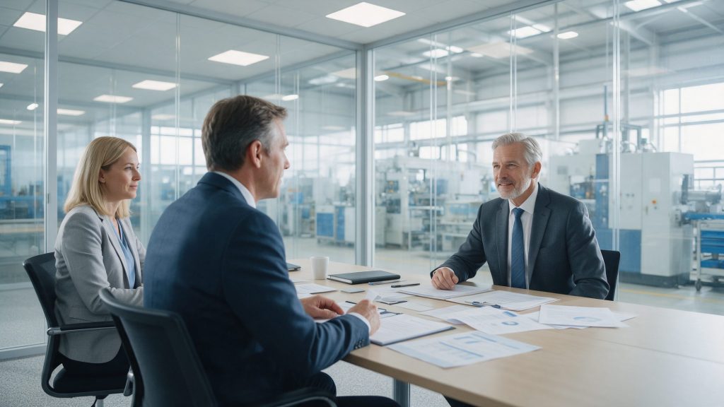 Ügyvezető igazgató interjút készít az értékesítési igazgatói pozíció egyik jelöltjével a gyártócsarnok melletti tárgyalóban